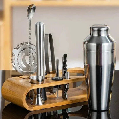Cocktail Shaker Set with Bamboo Stand and Bar Tools