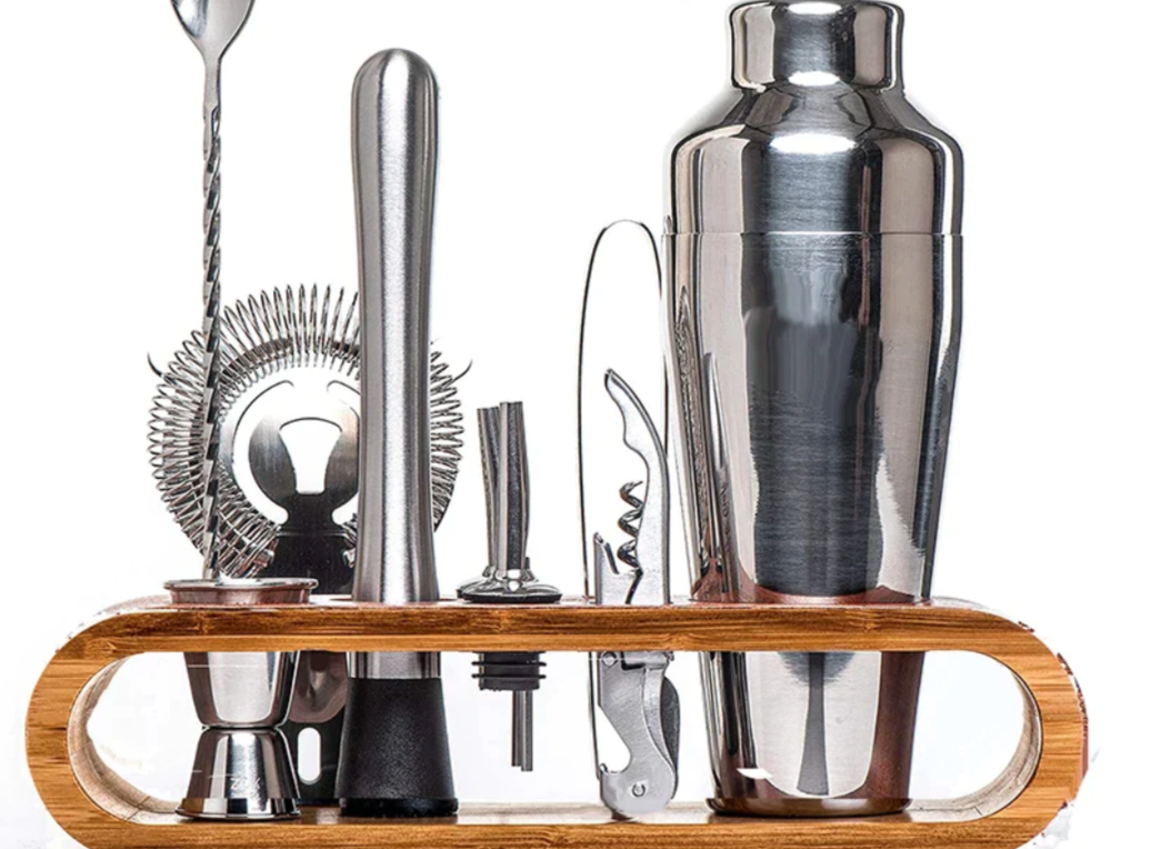 Cocktail Shaker Set with Bamboo Stand and Bar Tools