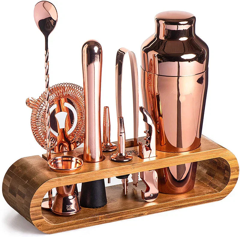 Cocktail Shaker Set with Bamboo Stand and Bar Tools