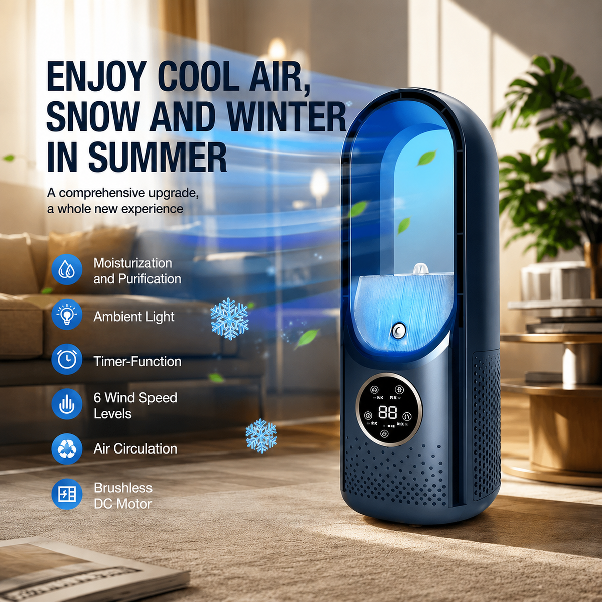 Compact Bladeless Tower Fan with Six Airflow Modes