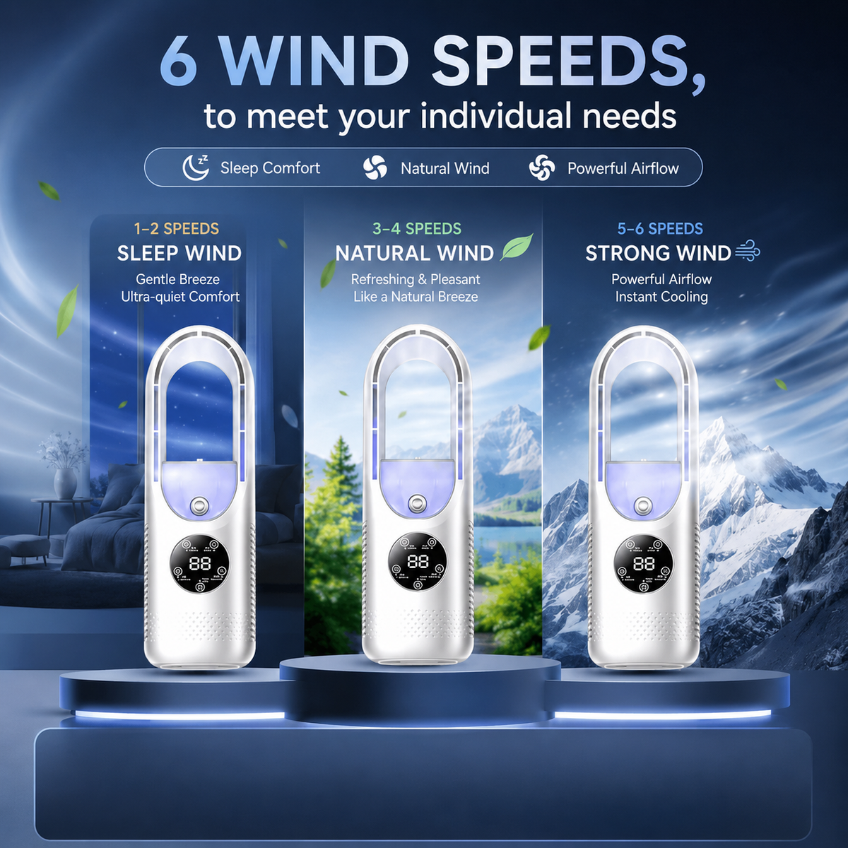 Compact Bladeless Tower Fan with Six Airflow Modes
