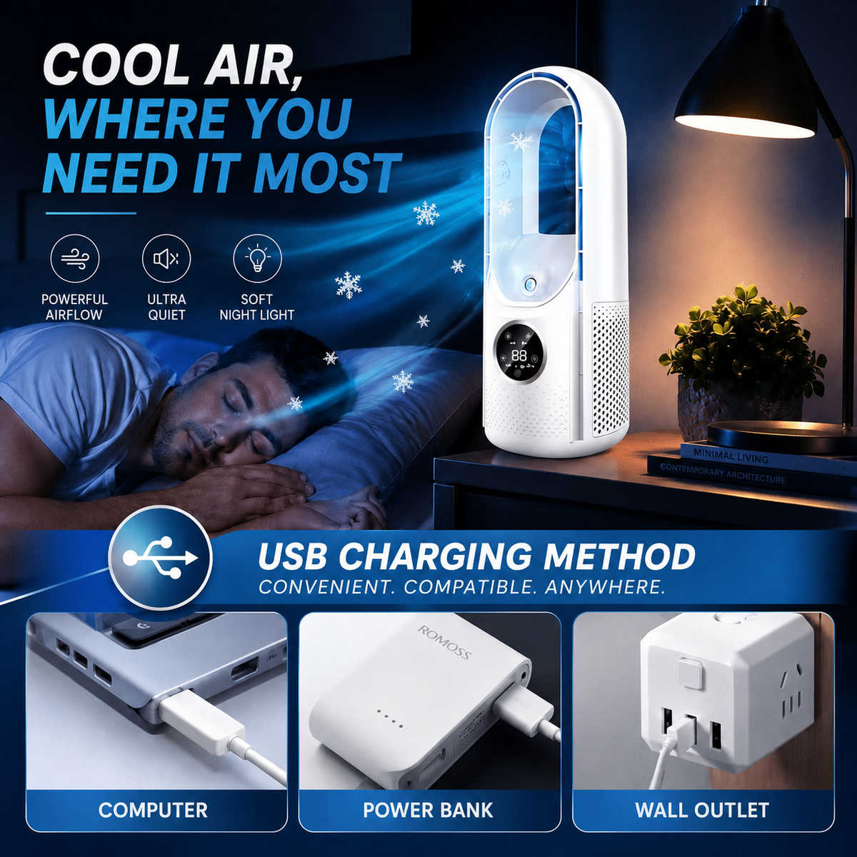 Compact Bladeless Tower Fan with Six Airflow Modes
