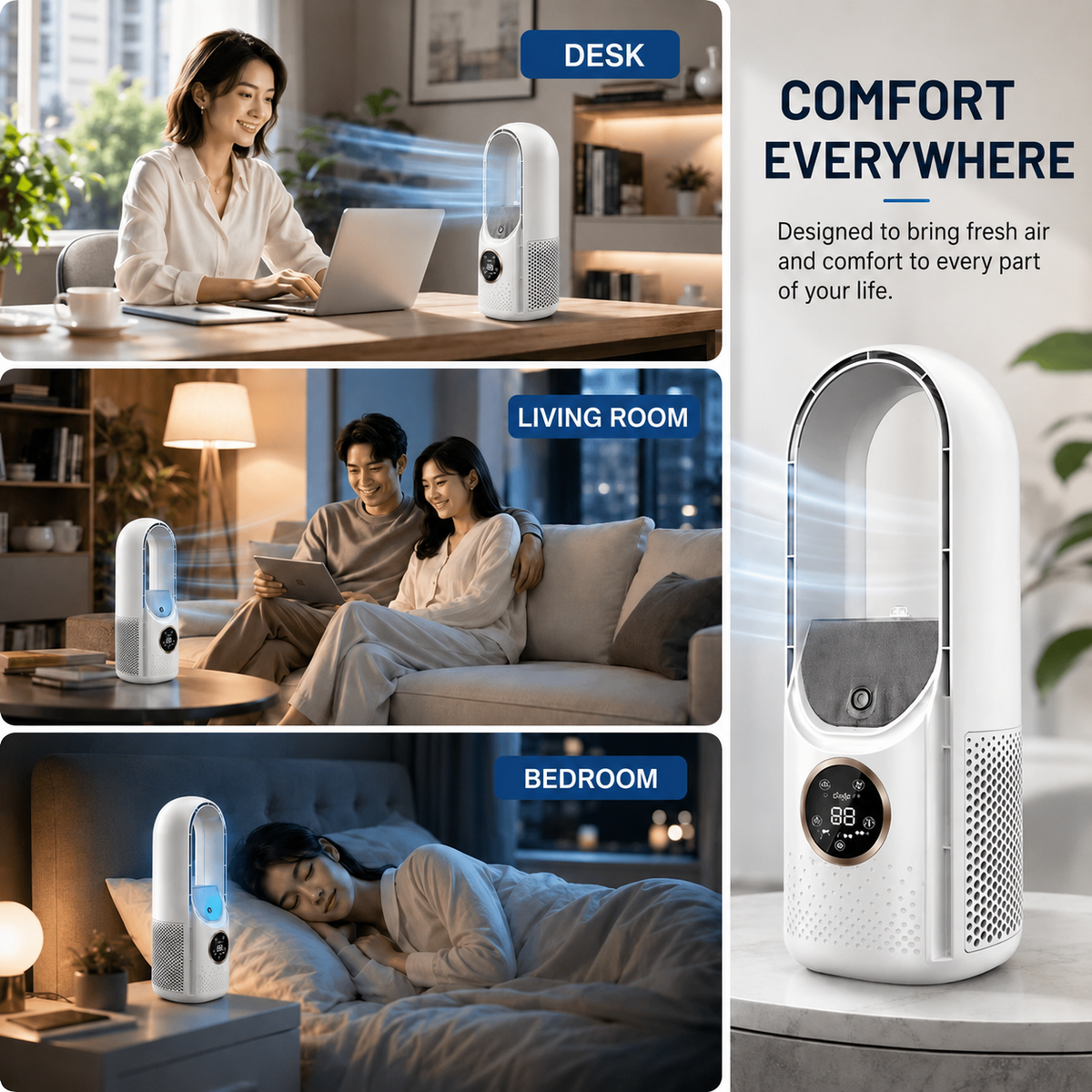 Compact Bladeless Tower Fan with Six Airflow Modes