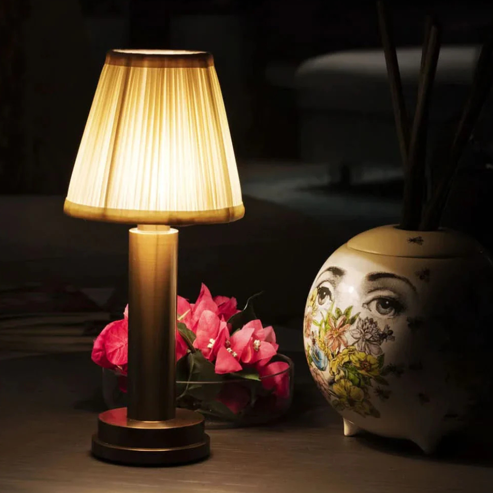 Cordless Rechargeable Table Lamp Art Deco with Pleated Shade and Touch Dimming