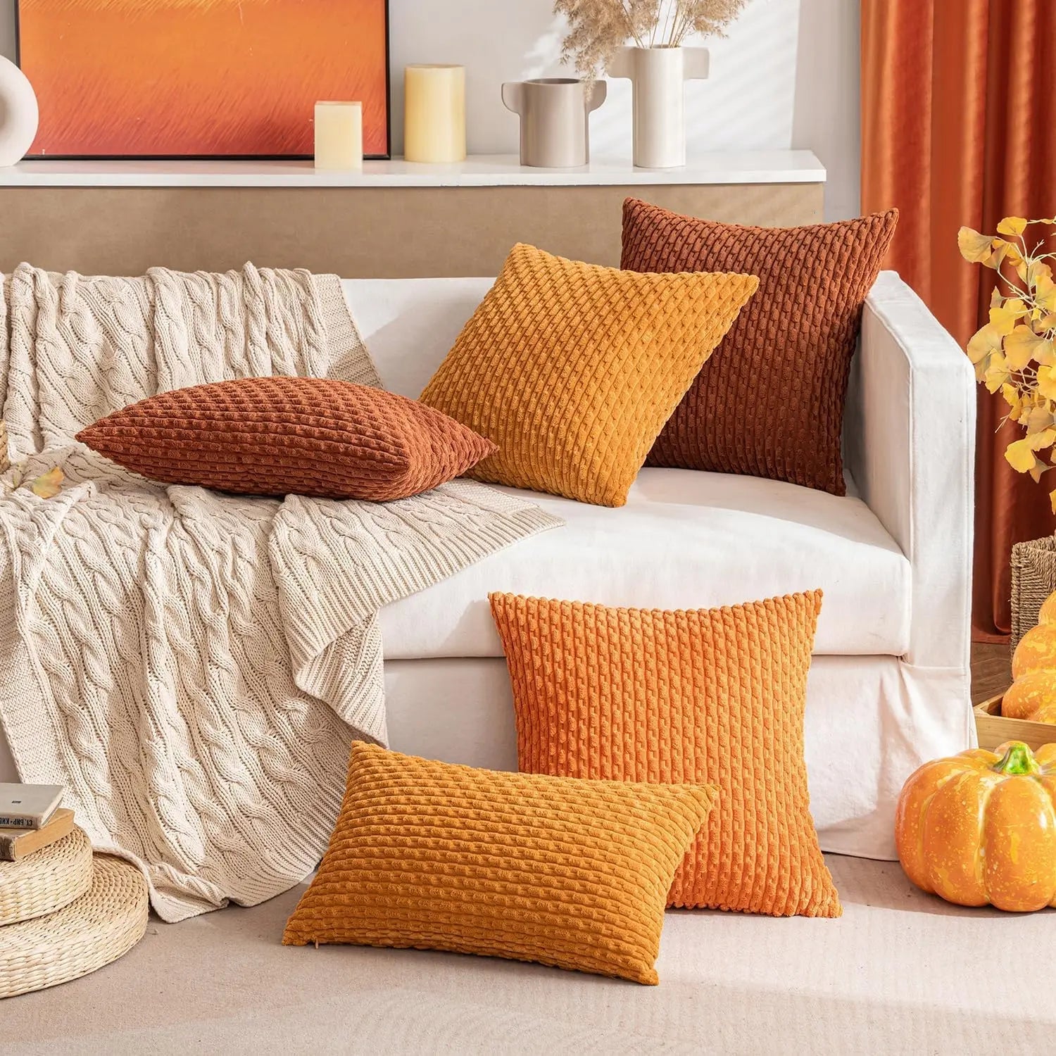 Corduroy Cushion Cover with Ribbed Texture and Zipper Closure