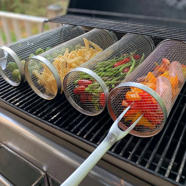 Cylindrical Mesh BBQ Grill Basket with Door