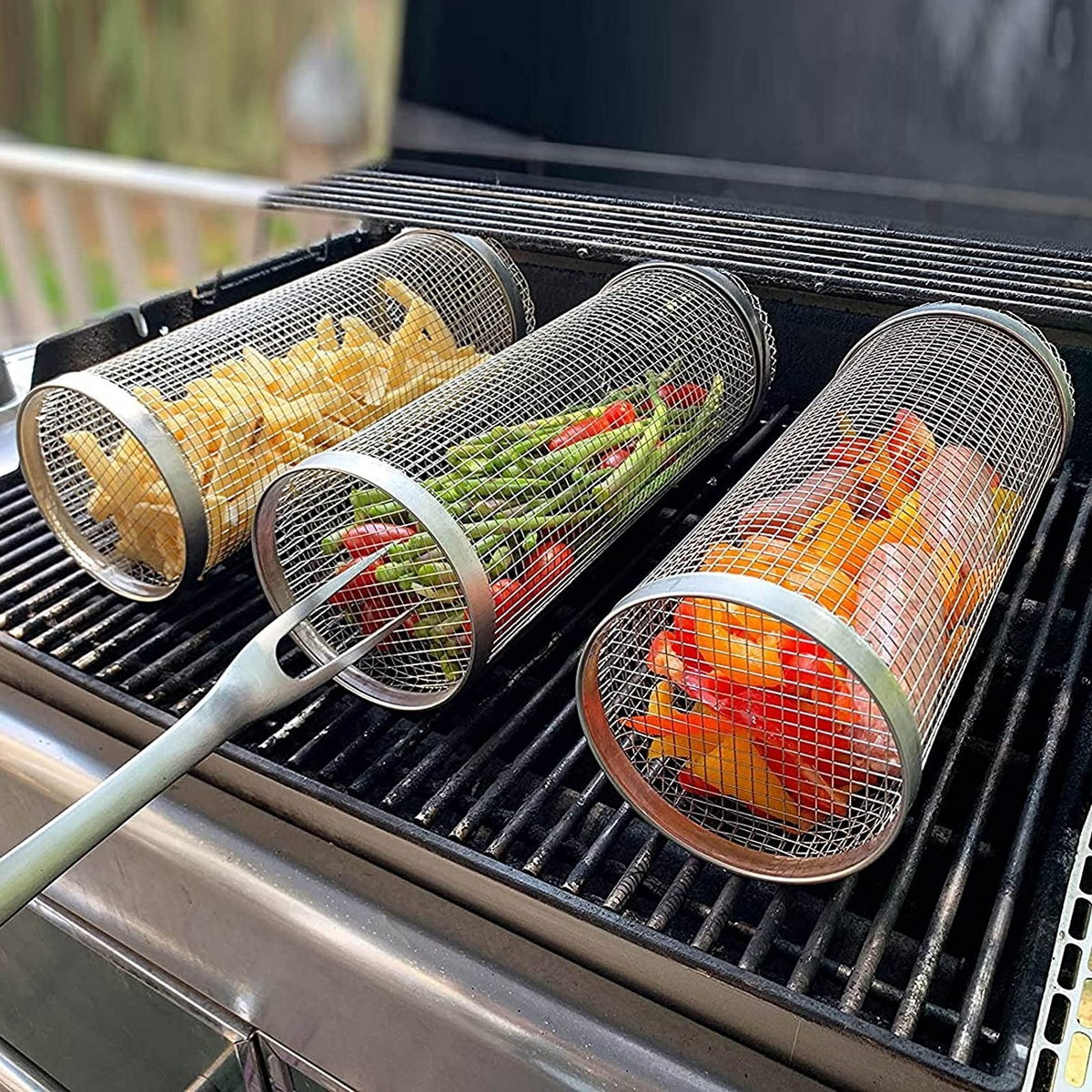 Cylindrical Mesh BBQ Grill Basket with Door
