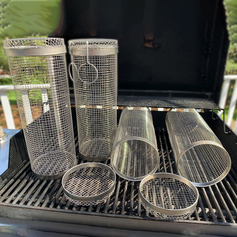 Cylindrical Mesh BBQ Grill Basket with Door
