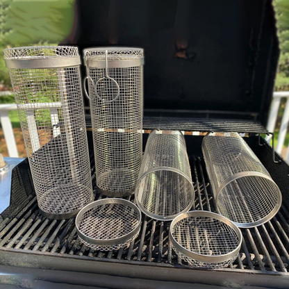 Cylindrical Mesh BBQ Grill Basket with Door