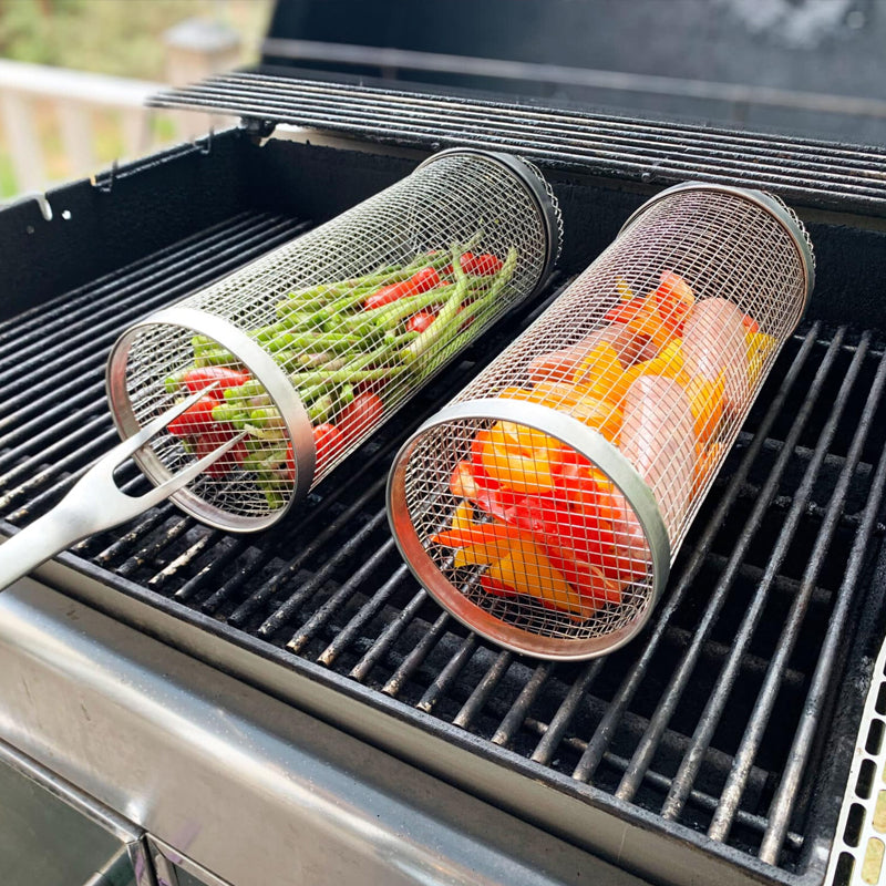 Cylindrical Mesh BBQ Grill Basket with Door