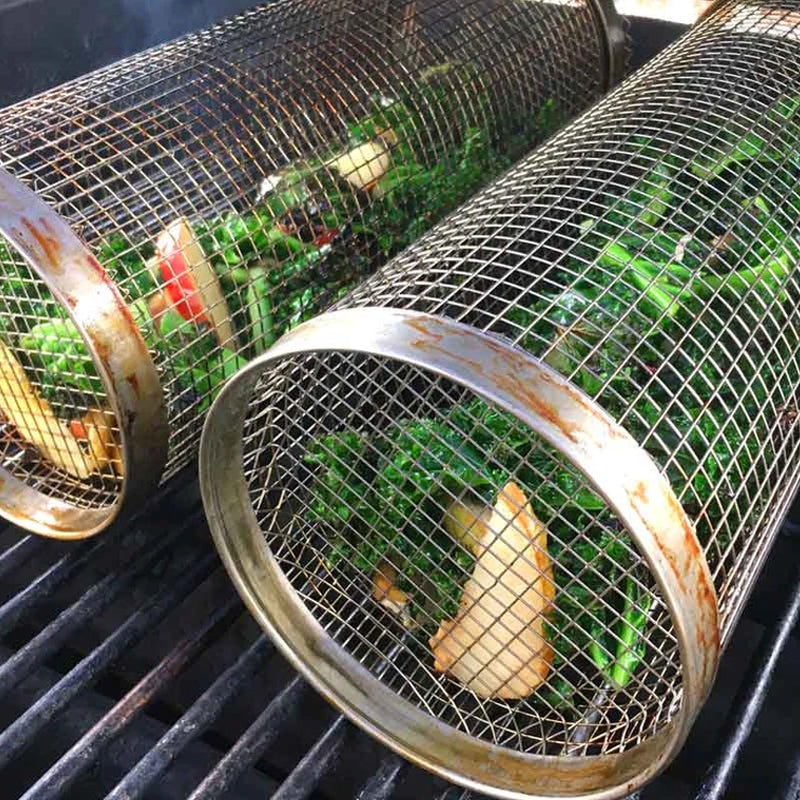 Cylindrical Mesh BBQ Grill Basket with Door