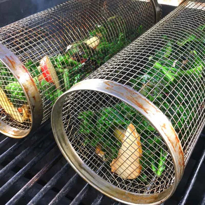 Cylindrical Mesh BBQ Grill Basket with Door