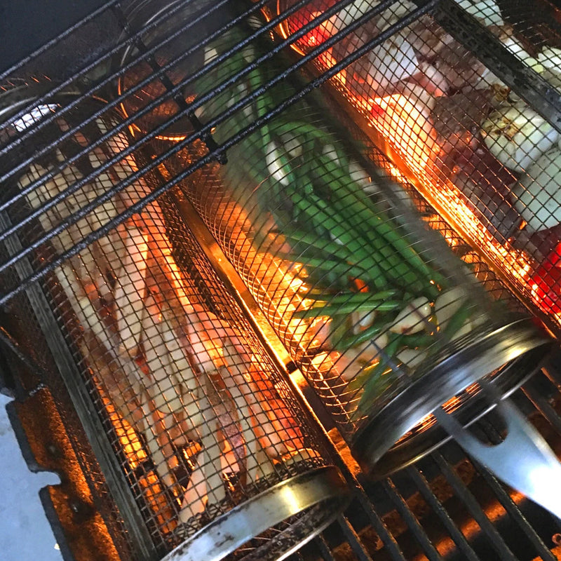 Cylindrical Mesh BBQ Grill Basket with Door