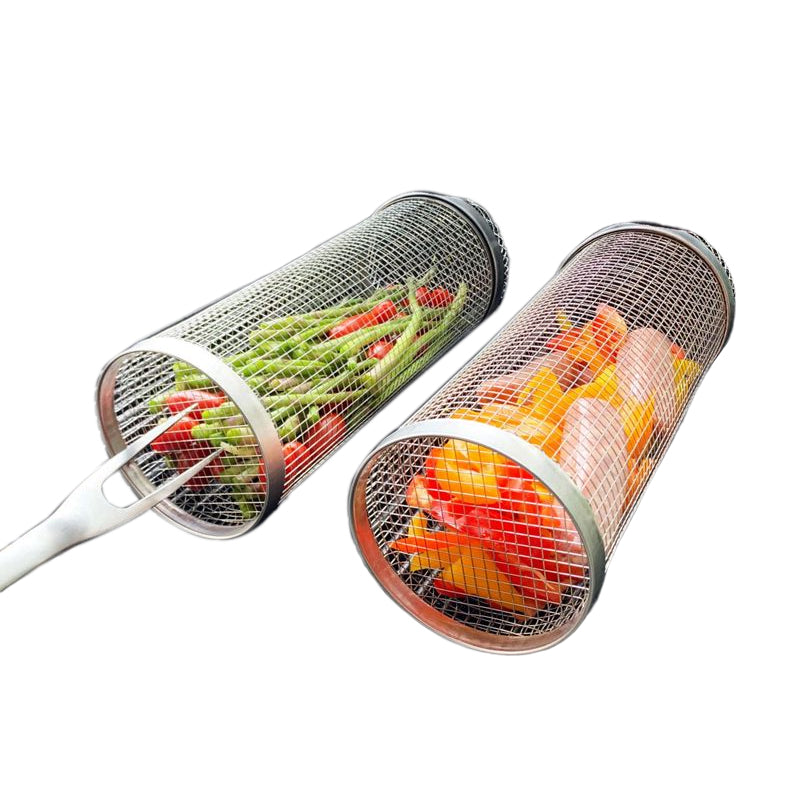 Cylindrical Mesh BBQ Grill Basket with Door