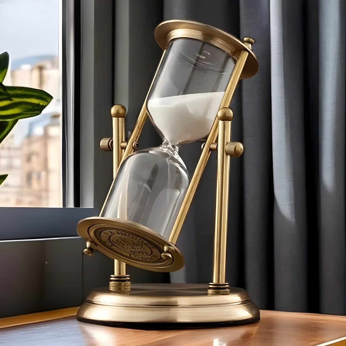 Decorative Hourglass Sand Timer with Rotating Brass Frame and Glass