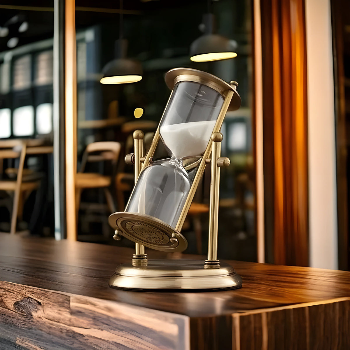 Decorative Hourglass Sand Timer with Rotating Brass Frame and Glass