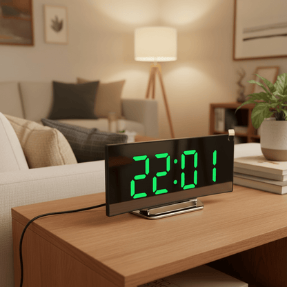Digital LED Alarm Clock with Curved Mirror Display, Snooze and Temperature Display