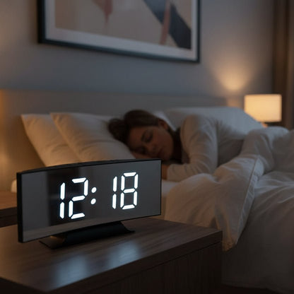 Digital LED Alarm Clock with Curved Mirror Display, Snooze and Temperature Display