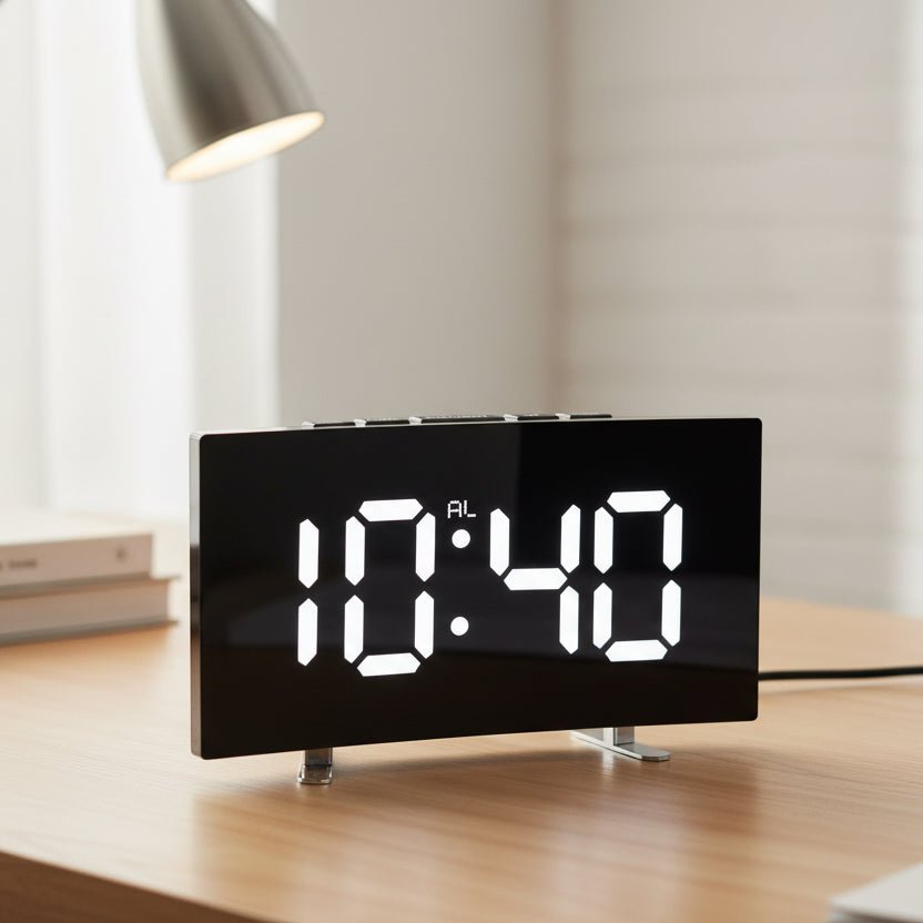 Digital LED Alarm Clock with Curved Mirror Display, Snooze and Temperature Display