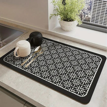 Dish Drying Mat with Absorbent Surface, Rubber Backing and Geometric Pattern