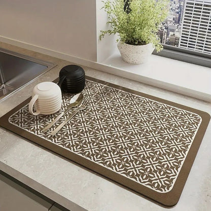 Dish Drying Mat with Absorbent Surface, Rubber Backing and Geometric Pattern