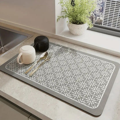 Dish Drying Mat with Absorbent Surface, Rubber Backing and Geometric Pattern