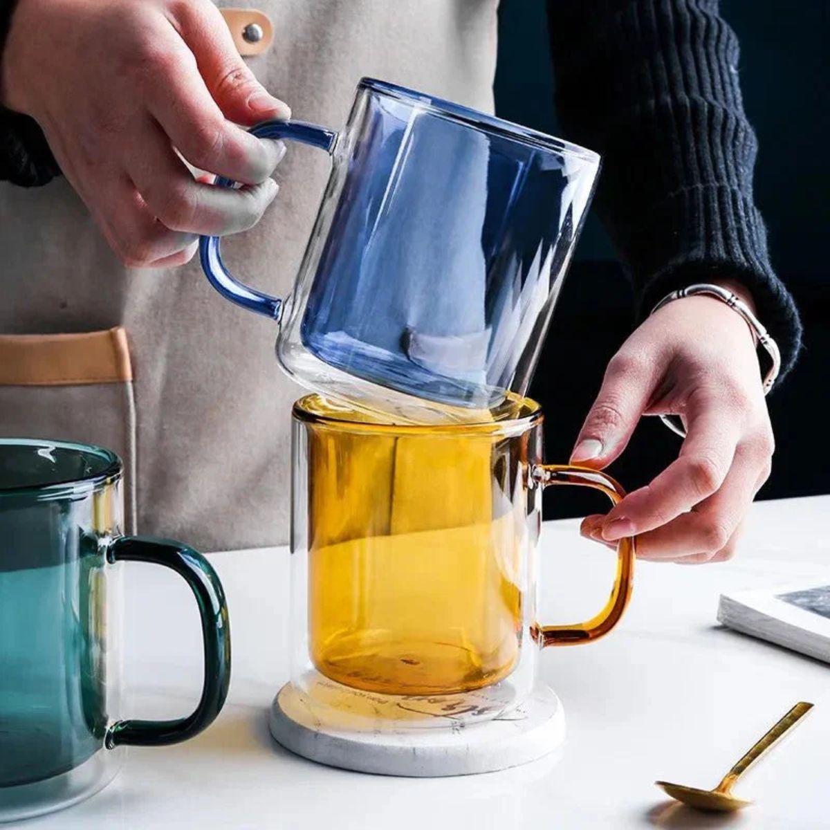 Double Wall Insulated Glass Coffee Mug with Handle