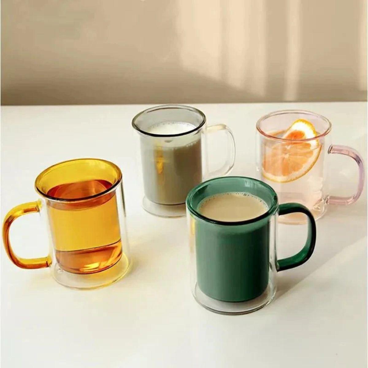 Double Wall Insulated Glass Coffee Mug with Handle