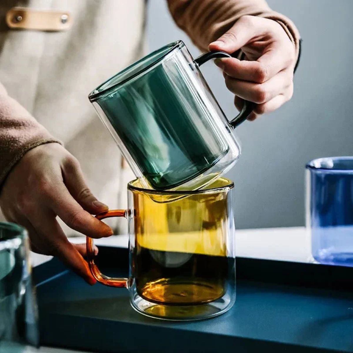 Double Wall Insulated Glass Coffee Mug with Handle