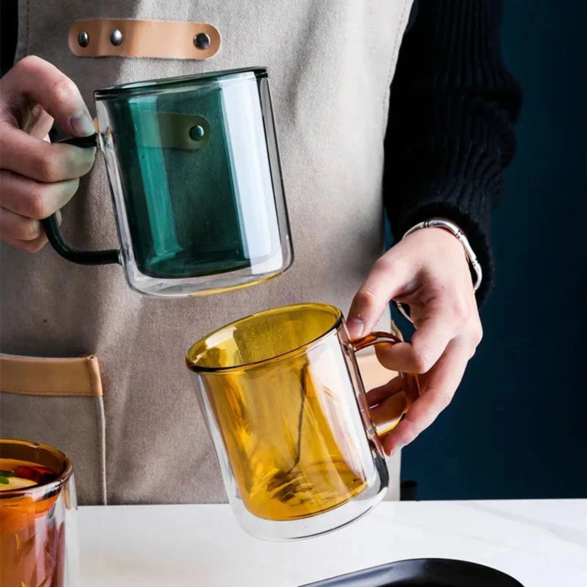 Double Wall Insulated Glass Coffee Mug with Handle