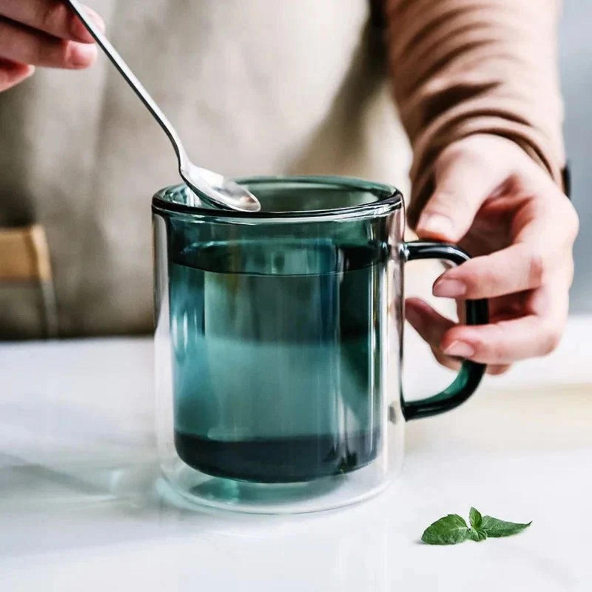 Double Wall Insulated Glass Coffee Mug with Handle