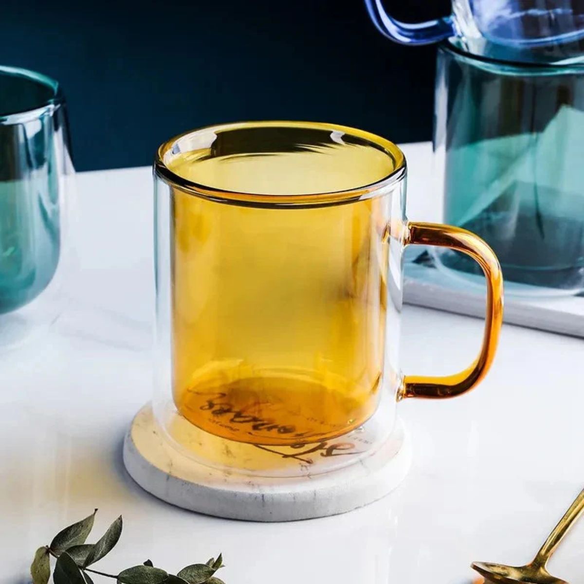 Double Wall Insulated Glass Coffee Mug with Handle