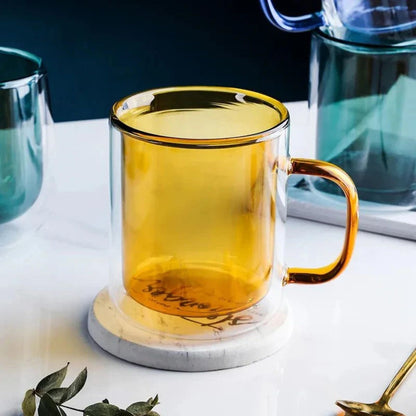 Double Wall Insulated Glass Coffee Mug with Handle