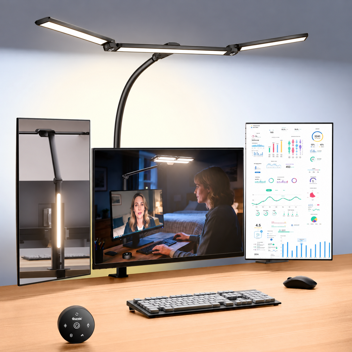 Dual Head LED Desk Lamp with Clamp, Gooseneck and Triple Light Panel for Wide Desk Coverage
