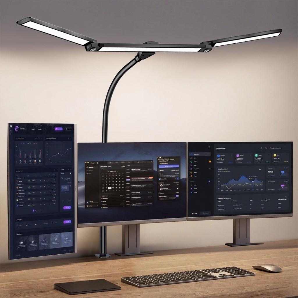 Dual Head LED Desk Lamp with Clamp, Gooseneck and Triple Light Panel for Wide Desk Coverage