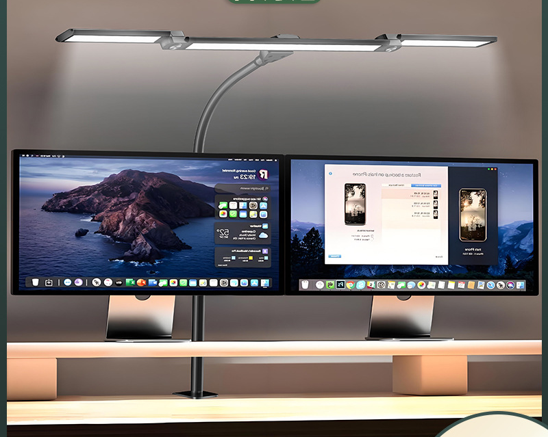 Dual Head LED Desk Lamp with Clamp, Gooseneck and Triple Light Panel for Wide Desk Coverage