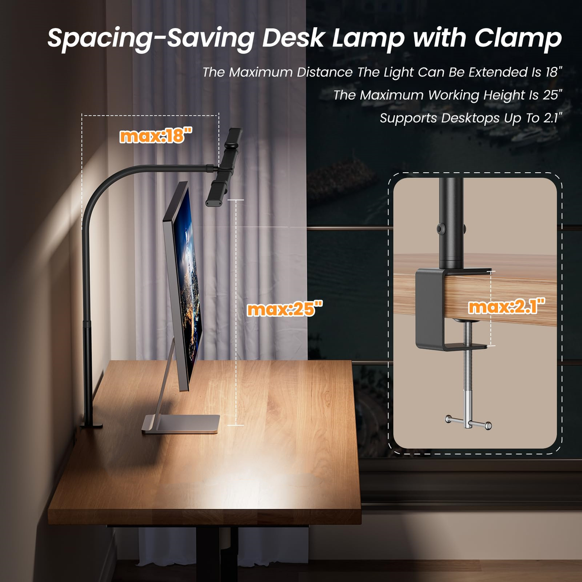 Dual Head LED Desk Lamp with Clamp, Gooseneck and Triple Light Panel for Wide Desk Coverage