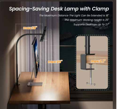 Dual Head LED Desk Lamp with Clamp, Gooseneck and Triple Light Panel for Wide Desk Coverage