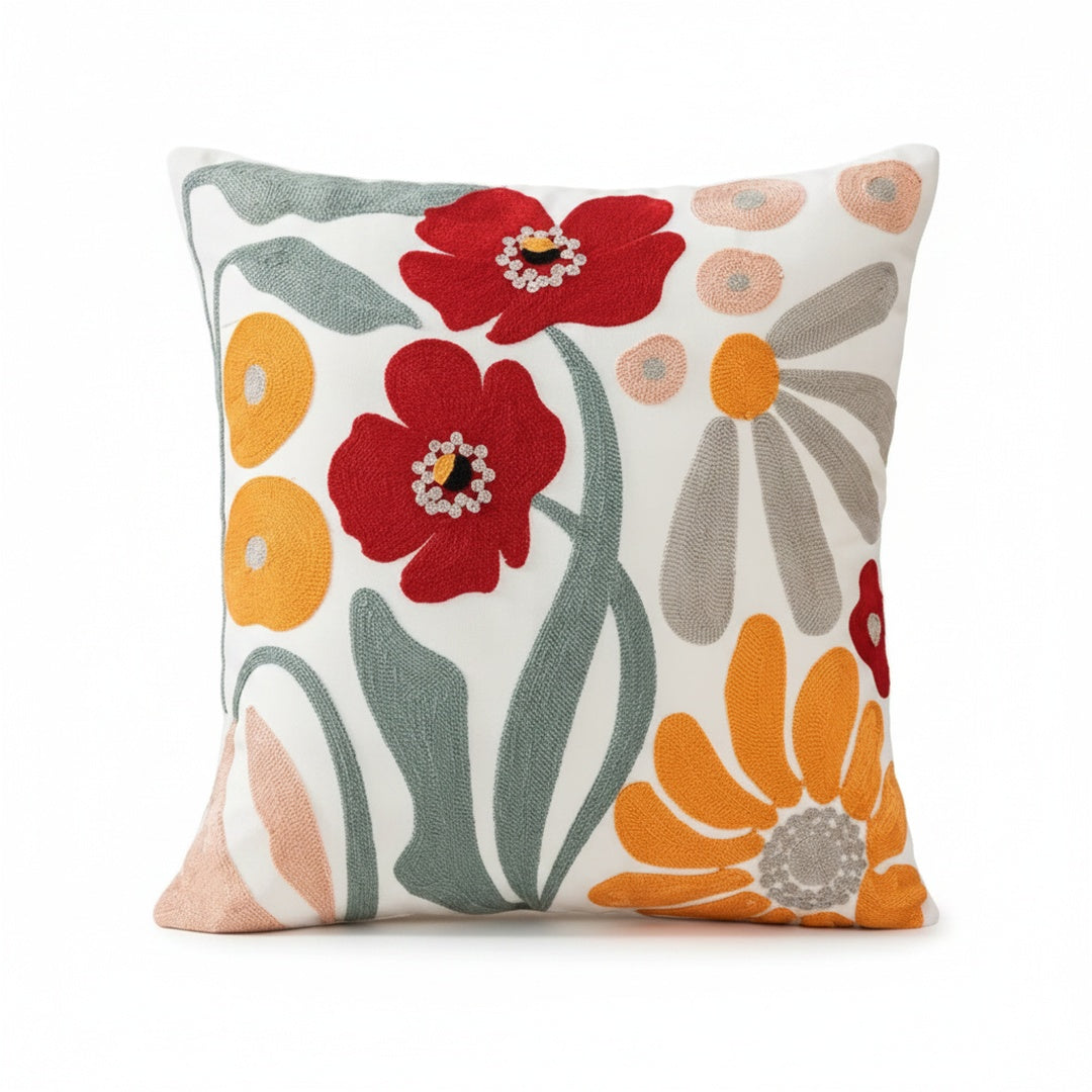 Embroidered Floral Cushion Cover with Botanical Pattern