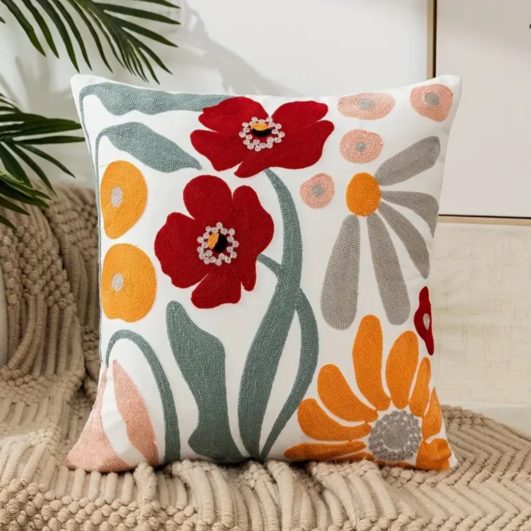 Embroidered Floral Cushion Cover with Botanical Pattern