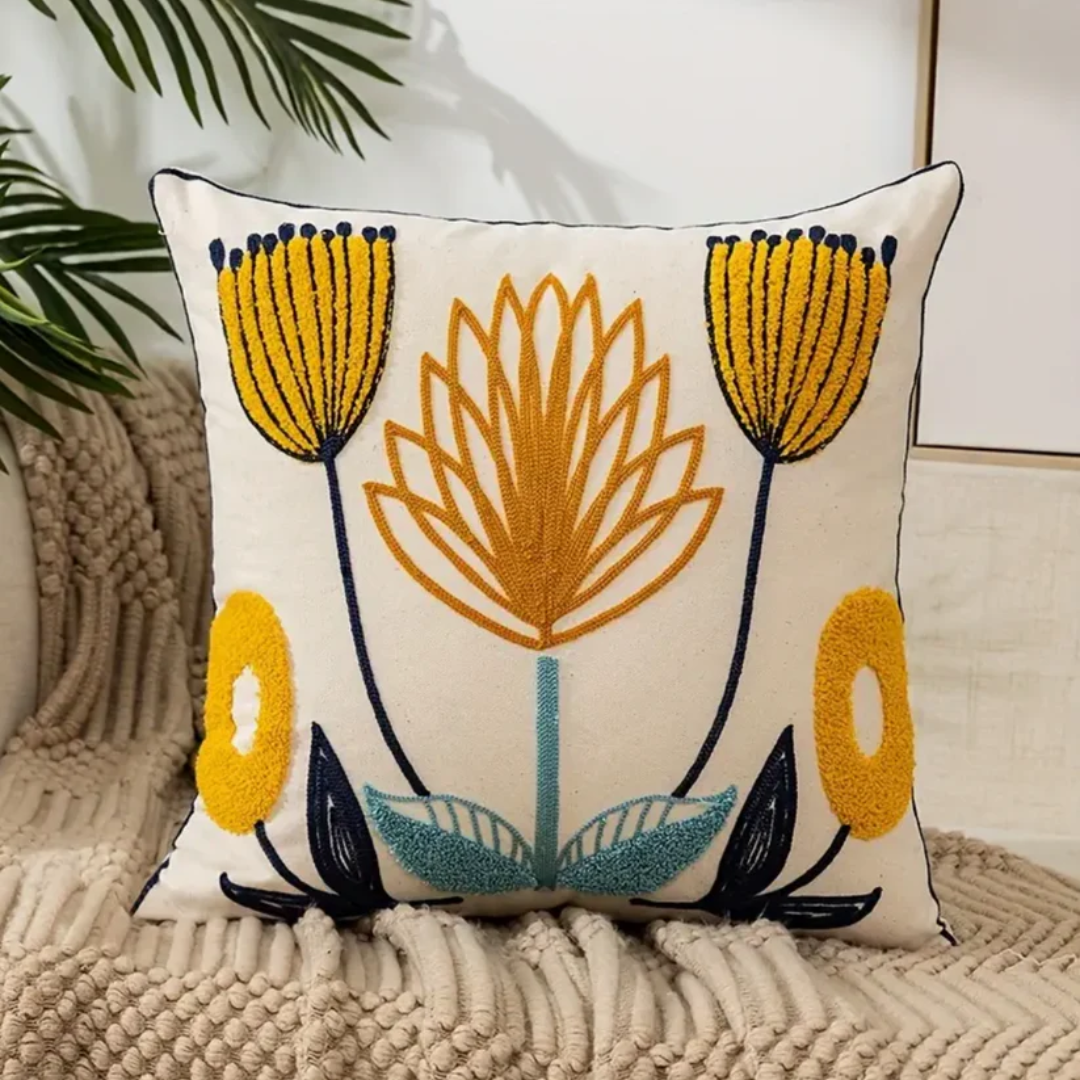 Embroidered Floral Cushion Cover with Botanical Pattern