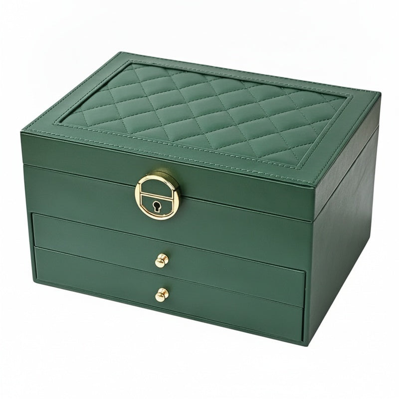 Faux Leather Jewellery Box with 3 Layers, Drawers and Lock