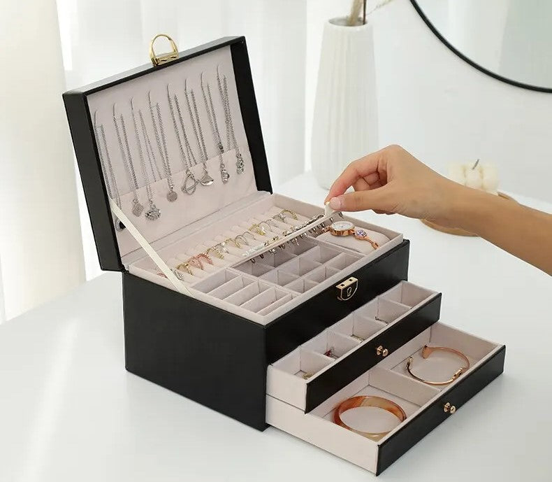 Faux Leather Jewellery Box with 3 Layers, Drawers and Lock