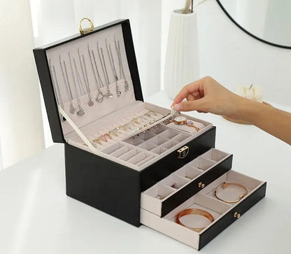 Faux Leather Jewellery Box with 3 Layers, Drawers and Lock