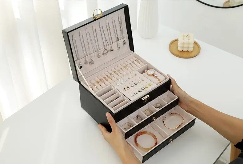 Faux Leather Jewellery Box with 3 Layers, Drawers and Lock