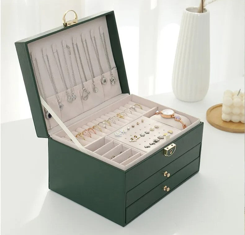 Faux Leather Jewellery Box with 3 Layers, Drawers and Lock