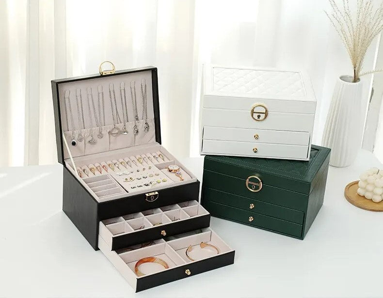 Faux Leather Jewellery Box with 3 Layers, Drawers and Lock