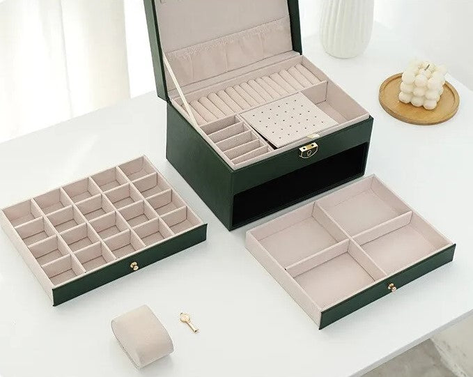 Faux Leather Jewellery Box with 3 Layers, Drawers and Lock