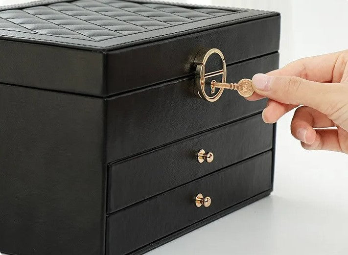 Faux Leather Jewellery Box with 3 Layers, Drawers and Lock