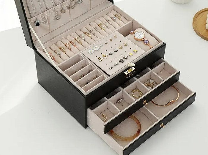 Faux Leather Jewellery Box with 3 Layers, Drawers and Lock